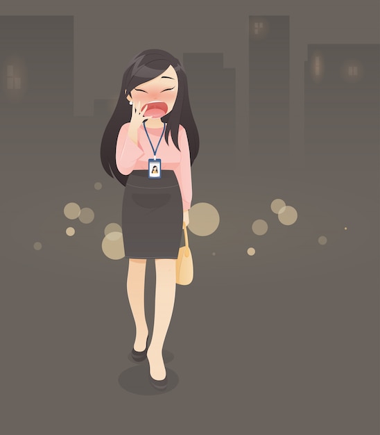 The woman in working dress is yawning while she is going to home, overtime, vector illustration in character design Premium Vector