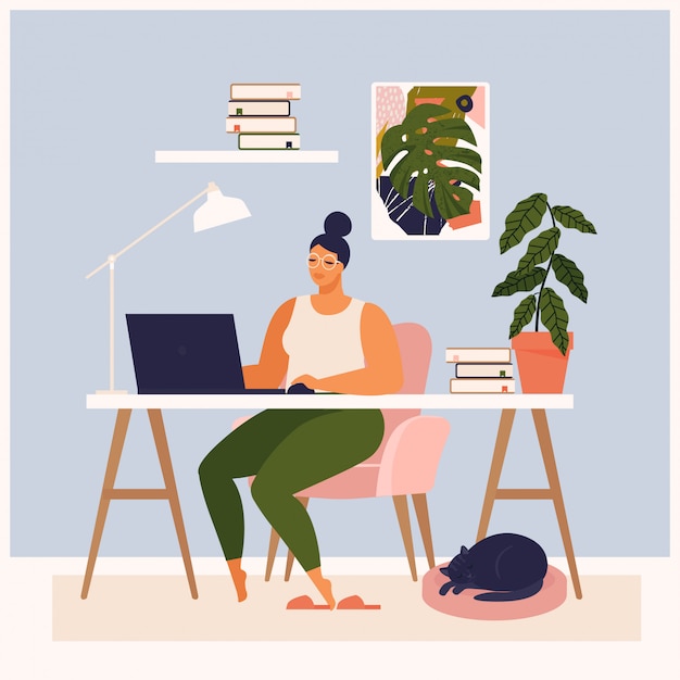 Premium Vector Woman Working At Her Desk At Home She Has A Lot Of Work Woman Working With
