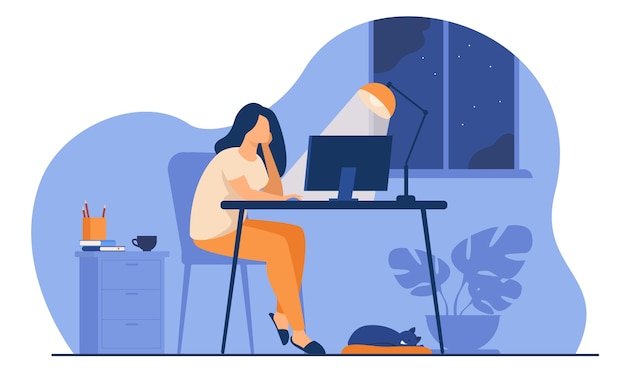 Free Vector Woman Working At Night In Home Office Isolated Flat Vector Illustration Cartoon Female Student Learning Via Computer Or Designer Late At Work