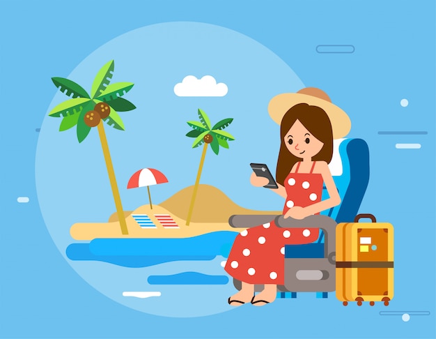 スマートフォンを保持している女性キャラクター 交通機関の椅子に座って ビーチ 横にあるスーツケース および例としてビーチに休暇に行く プレミアムベクター