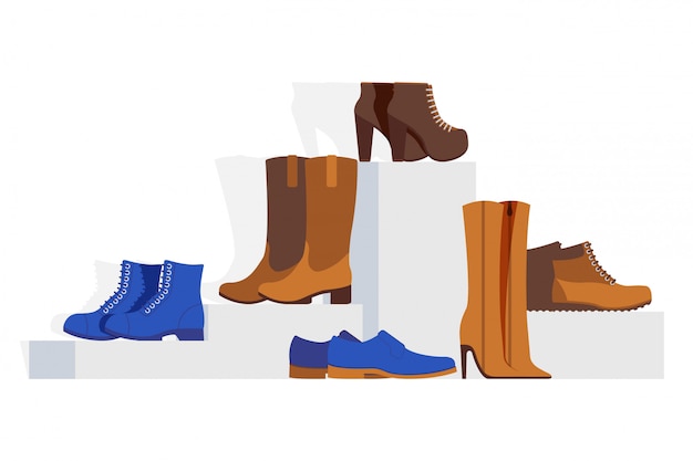 女性の異なるタイプの靴のコレクション イラスト オンラインシューズストアのスチレット アンクル ウエスタンブーツを紹介する プレミアムベクター