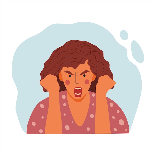 女性の感情的な肖像画 怒っている女の子 女性の顔 握りこぶしのアバターの手描きフラットデザインコンセプトイラスト プレミアムベクター