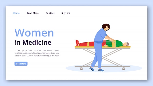 医学ランディングページベクトルテンプレートの女性 フラットのイラストと救急医師のウェブサイトインターフェイスのアイデア 応急処置と緊急ケアのホームページのレイアウト プレミアムベクター