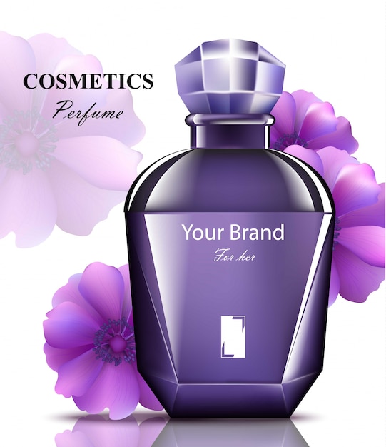 女性は繊細な花の香りと紫のボトルを香水 プレミアムベクター