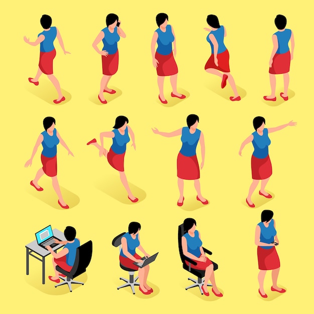 Women poses isometric set of female characters in different position of