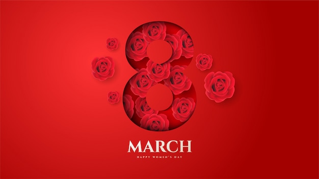 Women's day background with illustration number 8 and flowers branches and leaves. Premium Vector