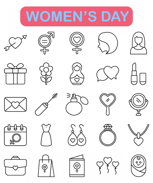 Womens Day Icons Set In Outline Style Premium Vector