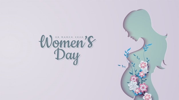 Women's day  s of pregnant women shapes with colorful flowers. Premium Vector