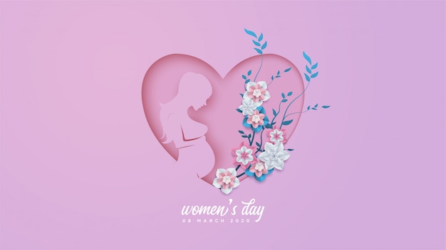 Women's day with illustrations of a pregnant woman and colorful flowers. Premium Vector
