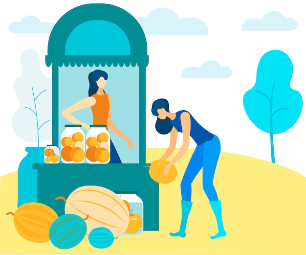 Download Women sell canned and fresh fruit in market vector Vector | Premium Download