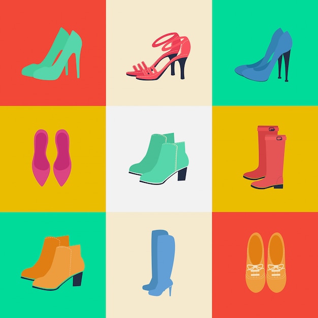 プレミアムベクター 女性の靴 女性のファッション 季節の靴 アイコンを設定します ブーツ ルブタン 靴 ベクトルイラストフラットスタイル