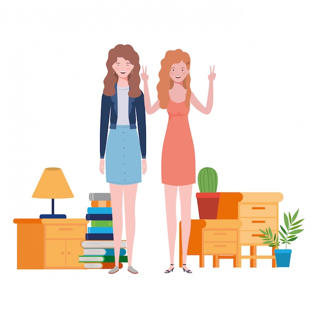 Premium Vector | Women standing with bookshelf of wooden and books