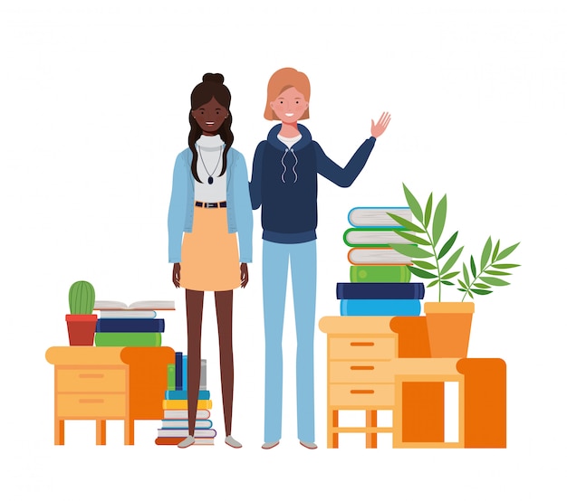 Premium Vector | Women standing with bookshelf of wooden and books