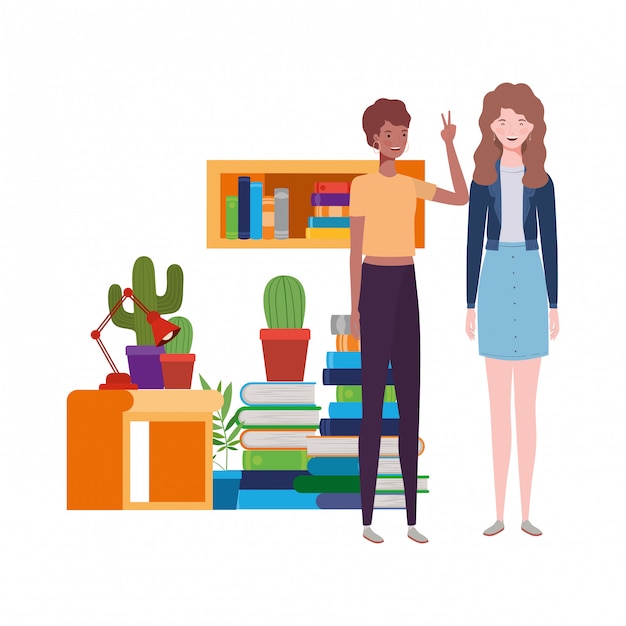 Premium Vector | Women standing with bookshelf of wooden and books