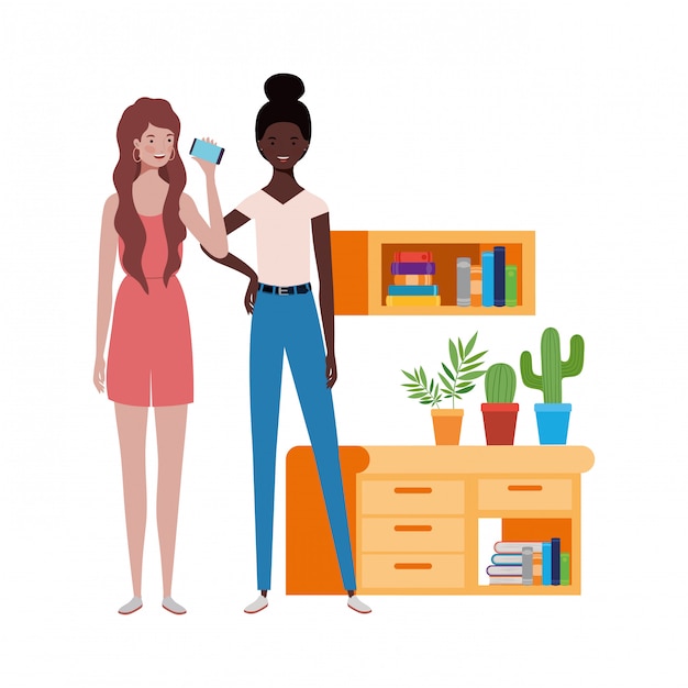 Premium Vector | Women standing with bookshelf of wooden and books