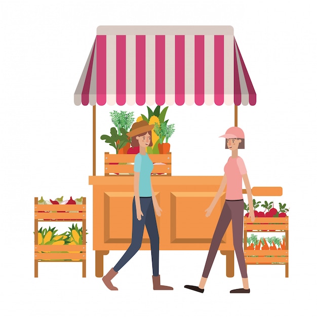 Premium Vector | Women in store kiosk with vegetables avatar character