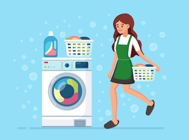 Premium Vector | Women with basket. washing machine with detergent ...