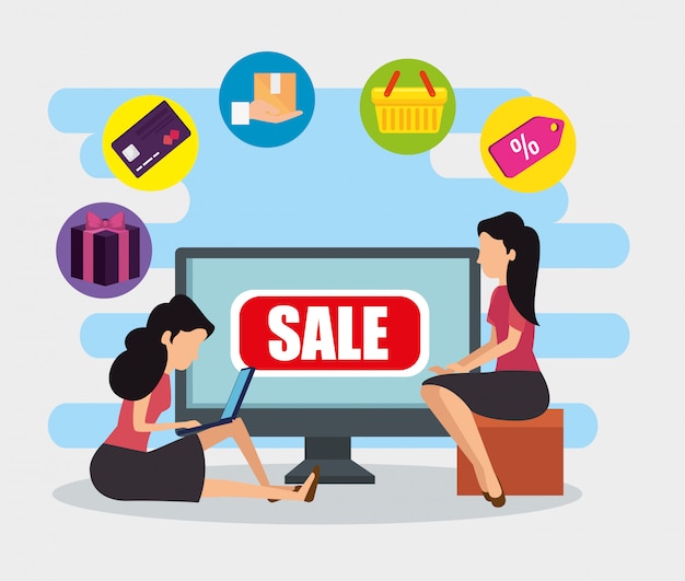Free Vector | Women with computer ecommerce technology to sale