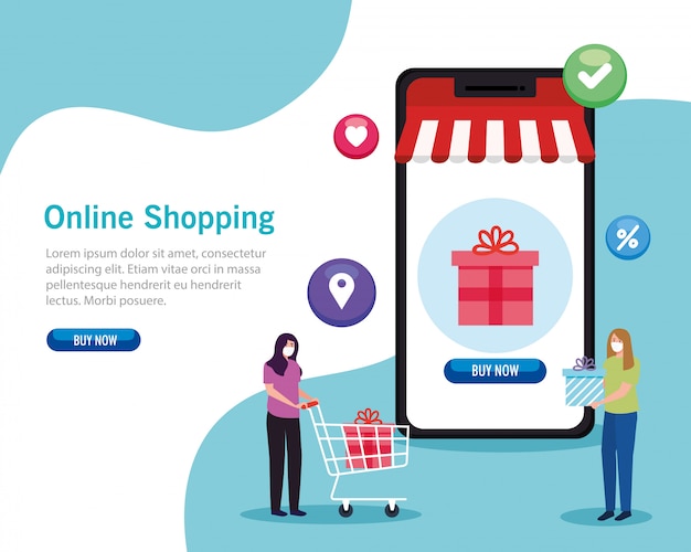 Premium Vector Women With Masks And Smartphone With Gift Of Shopping Online Ecommerce Market Retail And Buy Theme Illustration