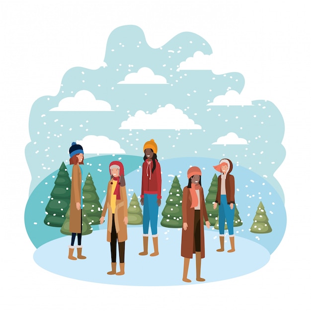 冬の服と冬の松のアバターのキャラクターを持つ女性 プレミアムベクター