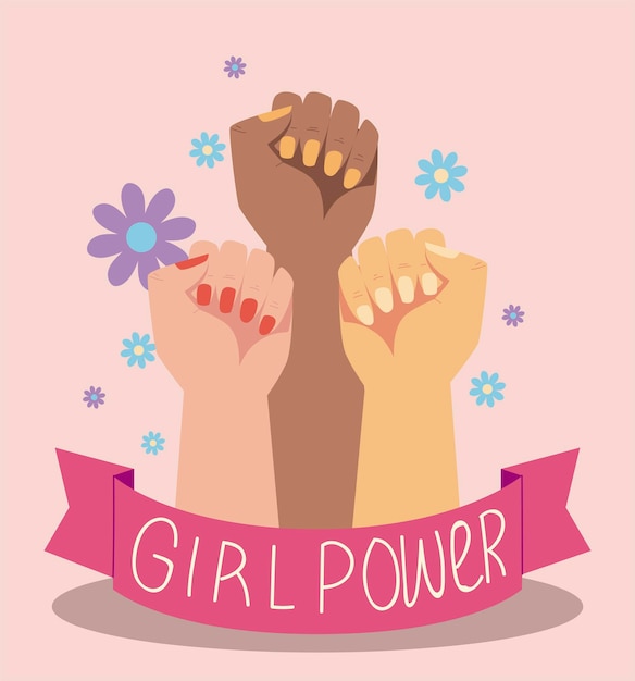 女性の日 女性の挙手女の子パワー花飾りカードイラスト プレミアムベクター