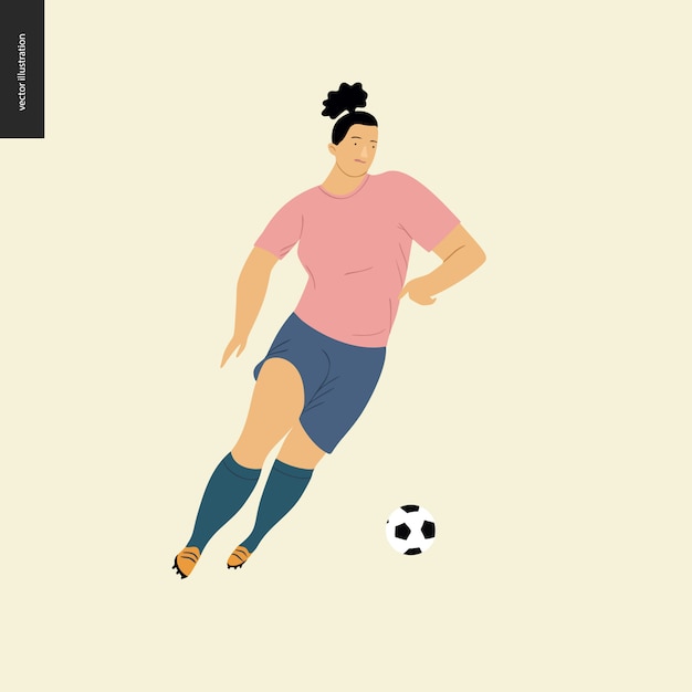女子ヨーロッパサッカー サッカー選手 サッカーボールを蹴るヨーロッパのサッカー選手用具を着た若い女性のフラットのベクトルイラスト プレミアムベクター