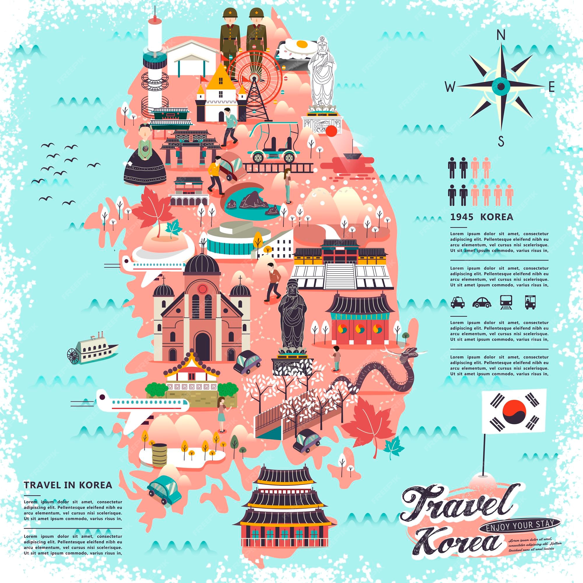 Premium Vector | Wonderful south korea travel map with attractions design