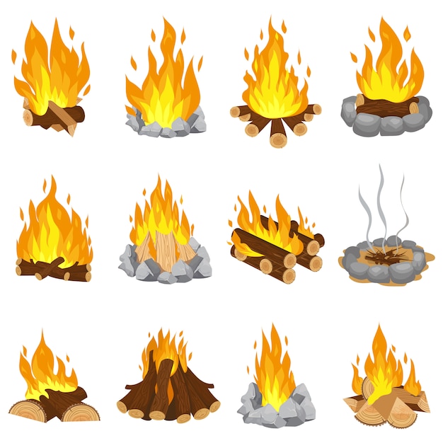 プレミアムベクター ウッドキャンプファイヤー 屋外のbonき火 燃える木の丸太 キャンプの石の暖炉漫画イラストセット