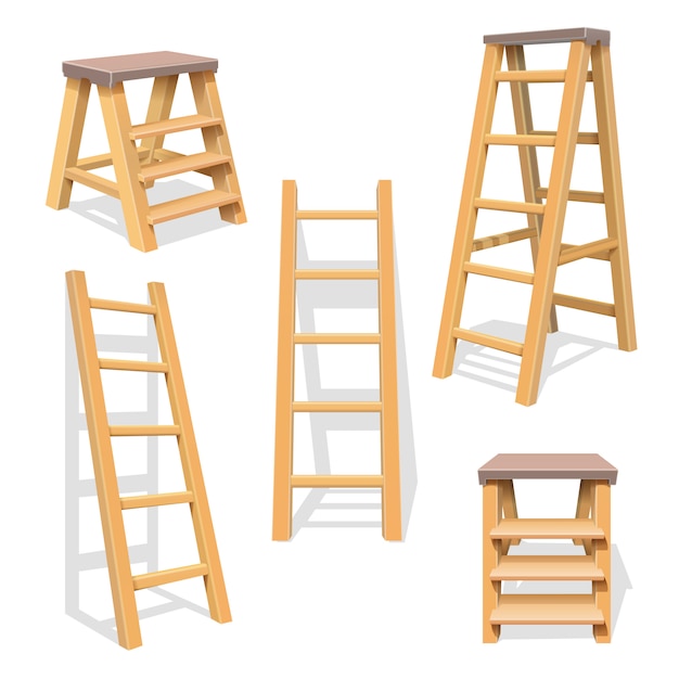 Wood household steps. isolated wooden ladder vector set. wooden ladder construction Premium Vector
