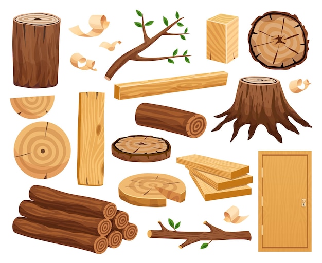 Wood industry raw material and production samples flat set with tree trunk logs planks door Free Vector