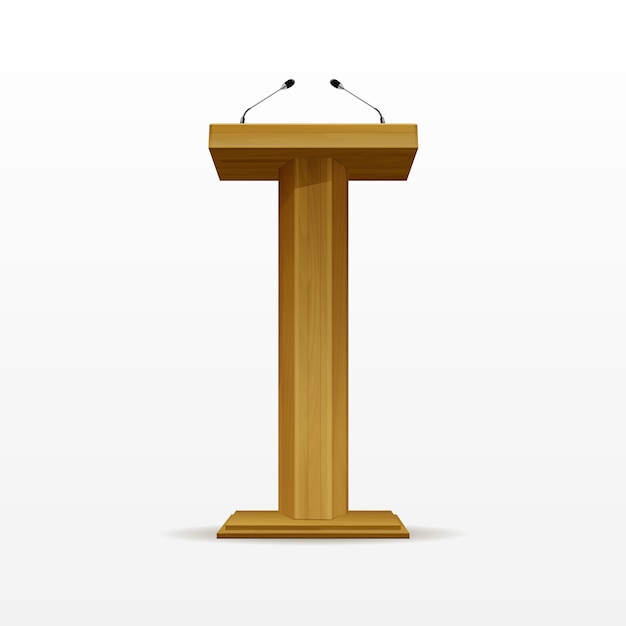 Premium Vector | Wood podium tribune rostrum stand with microphones