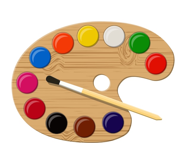 Wooden art palette with paints and brush Premium Vector