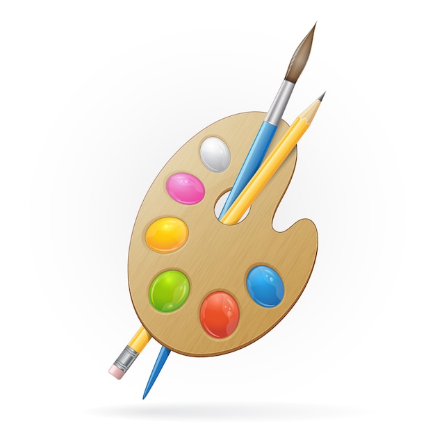 Premium Vector | Wooden artist palette, yellow pensil and blue paintbrush