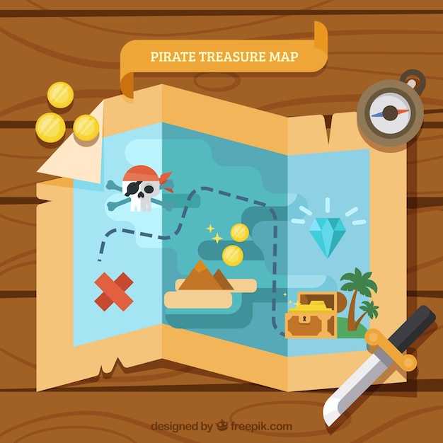 Wooden Background With Treasure Map In Flat Design Free Vector
