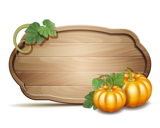 オレンジ色のカボチャと木製のバナー イラスト秋の収穫祭や感謝祭 プレミアムベクター