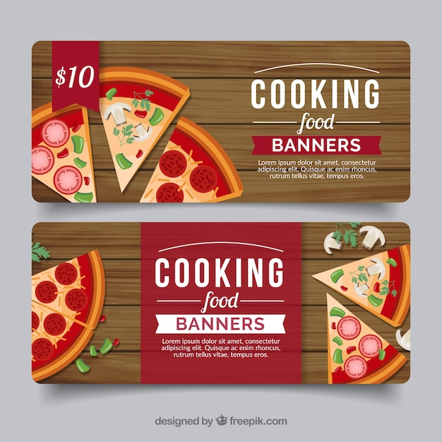 Wooden banners with delicious pizza