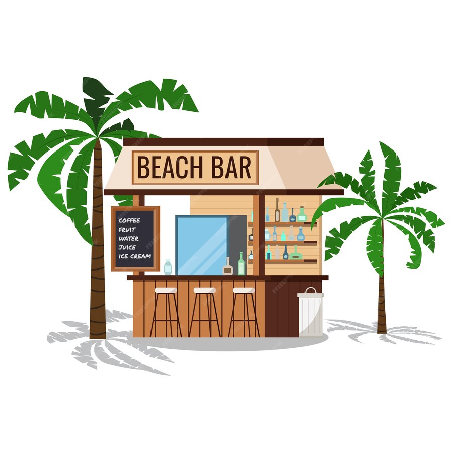 Premium Vector | Wooden beach bar with palms tree, chair, trashcan with ...