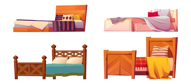Wooden beds with blanket and pillows isolated on white Free Vector