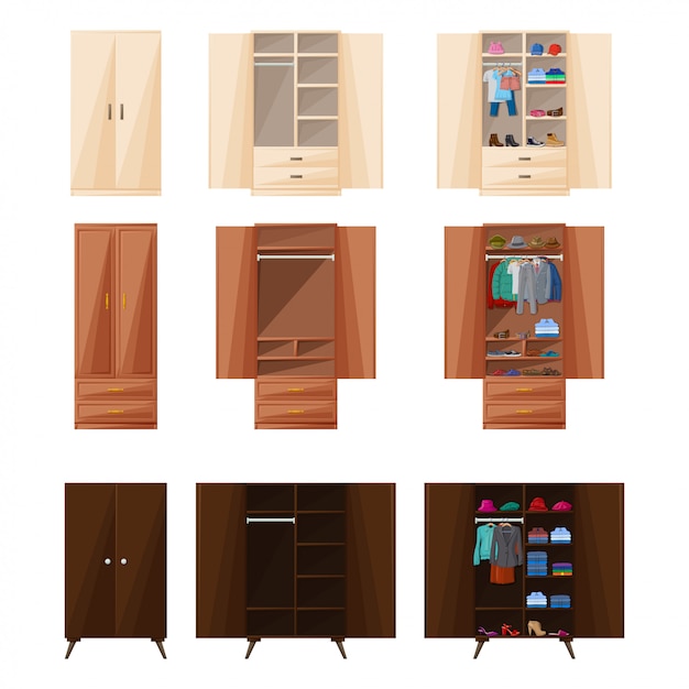 木製食器棚分離漫画アイコン ワードローブのベクトルイラストルーム家具 ベクトル漫画は アイコンルームの食器棚を設定します プレミアムベクター