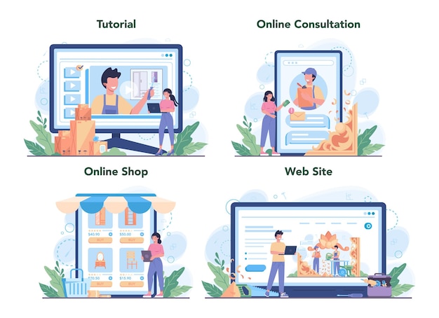 Premium Vector Wooden Furniture Maker Or Designer Online Service Or Platform Set Wood Home Furniture Construction Repair And Assembly Online Tutorial Consultation Shop Website Isolated Flat Illustration