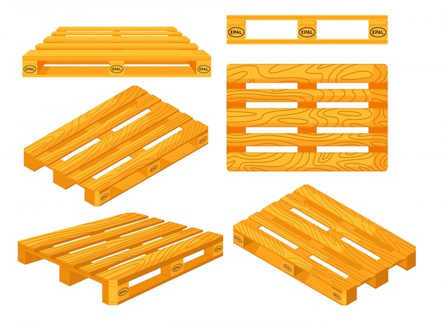 木製パレット 木製パレットオブジェクトの上面図 正面図 側面図 斜視図 および等角投影図 貨物輸送の収集のためのプラットフォーム 貨物の物流と流通 プレミアムベクター