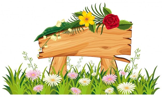 Premium Vector Wooden Sign In Grass With Flowers