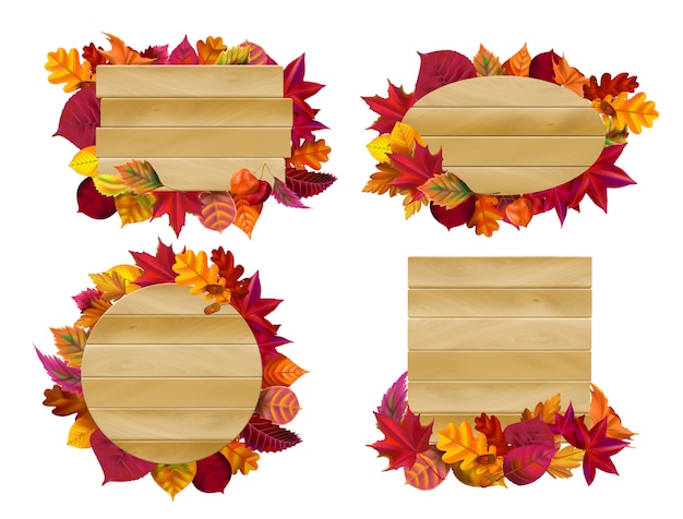秋の紅葉の木製看板 黄色い秋の葉 季節の木バナーイラストセット プレミアムベクター