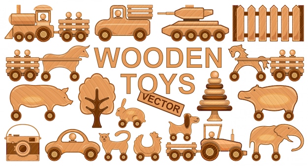 白い背景の上の木のおもちゃのイラスト 孤立した漫画は アイコンの木製人形を設定します 漫画セットアイコン木のおもちゃ プレミアムベクター