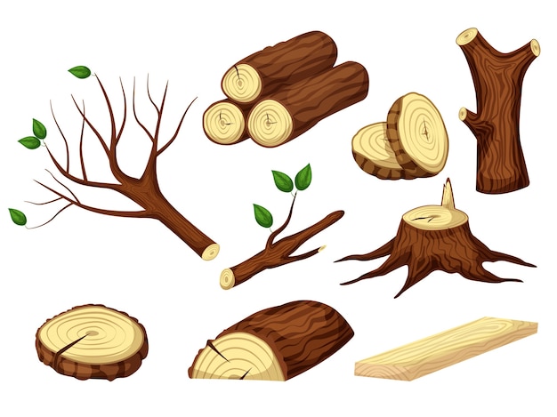 木の幹 みじん切りの木製のトランク ログ 木材 切り株 木の枝の生の森の素材は 白い背景に設定します 薪を山積みまたは1本に積み上げます 製材業界 イラスト プレミアムベクター