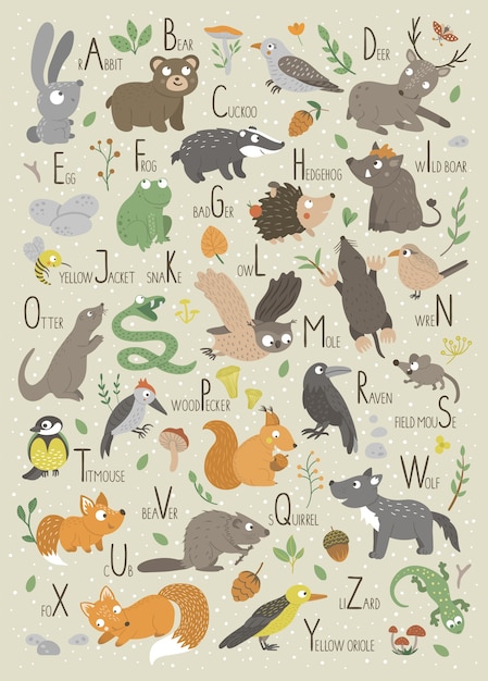 Premium Vector | Woodland Alphabet For Children. Cute Flat Abc With ...