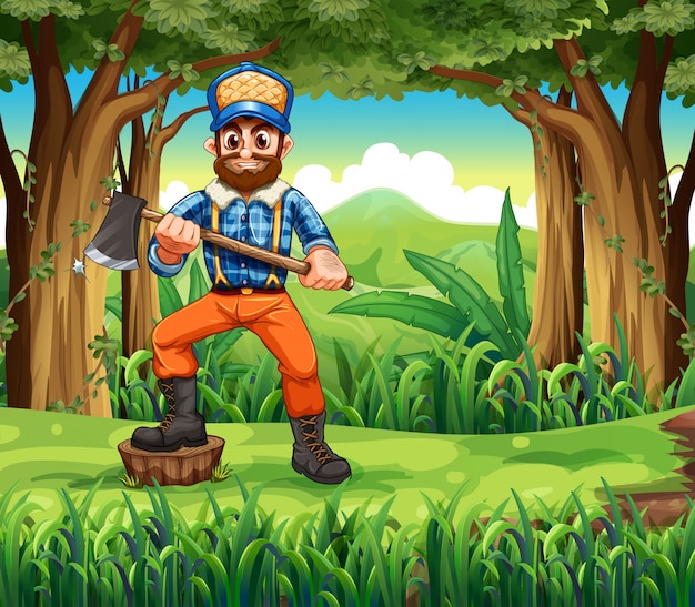 A woodman stepping at a stump in the forest Free Vector
