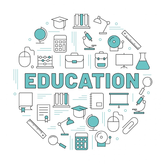 The word education surrounded by icons | Premium Vector