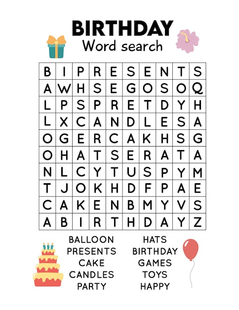 Premium Vector | Word search crossword for children. birthday theme ...