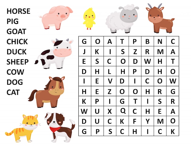 単語検索ゲーム かわいい漫画の農場の動物 英語の単語を学びます プレミアムベクター